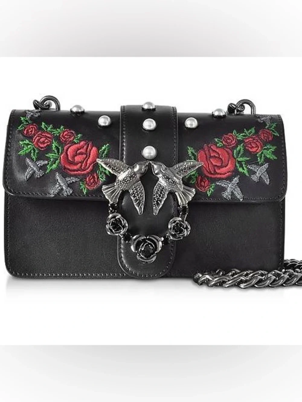 Pinko Black Crossbody with Red Rose Embroidery and Pearl Accents